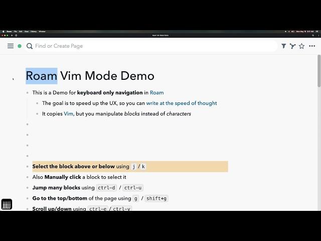 Roam Research - Vim Keyboard Shortcuts via roam-toolkit
