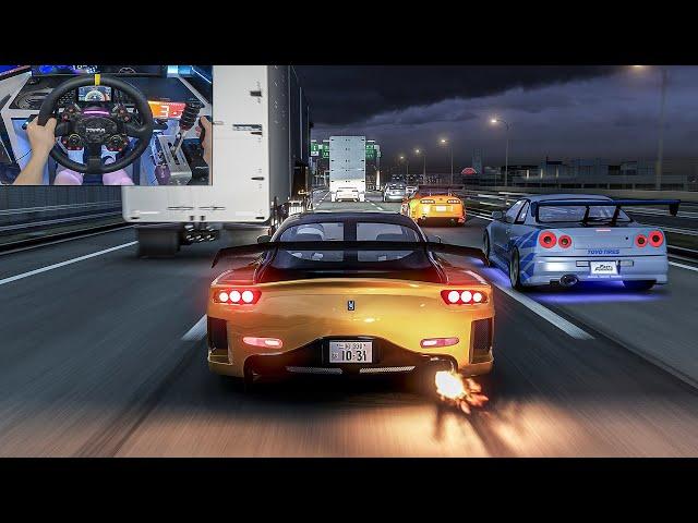 Fast & Furious Convoy Mazda RX7 & Supra MK4 & GT-R R34 Street Racing! - Assetto Corsa | Moza R9 + VR