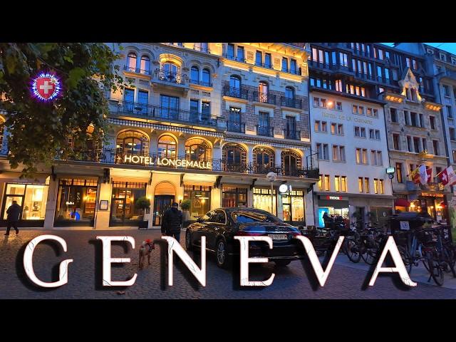 SWITZERLAND GENEVA  Currently Evening walk in metropolitan City Center / Luxury Shopping Streets 4K