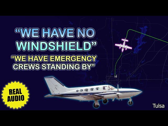 “WE HAVE NO WINDSHIELD”. Cessna 414 dives from 16000 and diverts to Tulsa. Real ATC