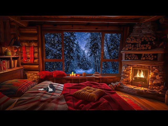 Deep Sleep with Blizzard and Fireplace Sounds | Cozy Winter Ambience, Snow Storm and Wind Sound