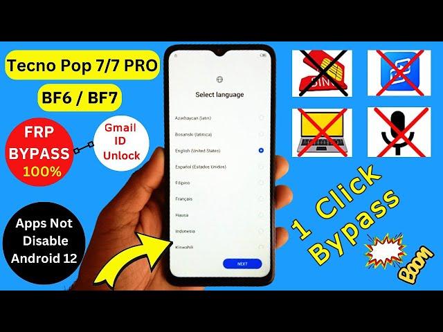 Tecno Pop 7/7 Pro Frp Bypass Without PC | Android 12 (Tecno BF6/BF7) Gmail Account Bypass New Update