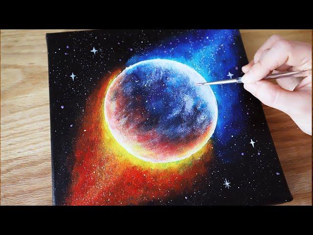 Black Canvas Painting Tutorial | galaxy planet | Acrylic Painting Tutorial For Beginners #72