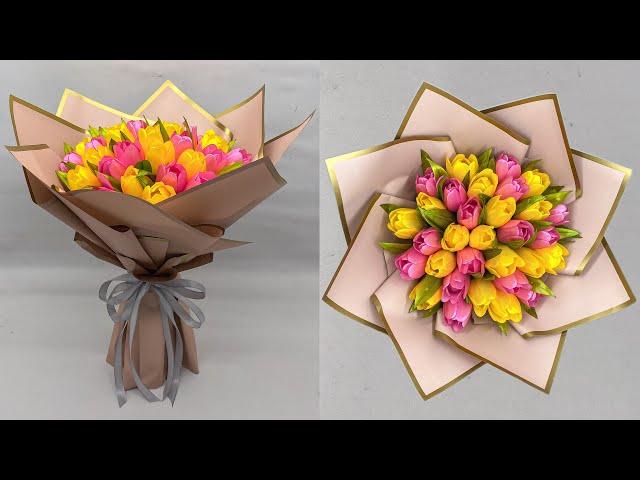 DIY | How to Make a Bouquet of Tulips With Satin Ribbons Easy | Wrapping a Round Flower Bouquet