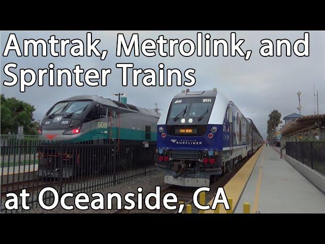 Amtrak, Metrolink, and Sprinter Trains at Oceanside Station, California