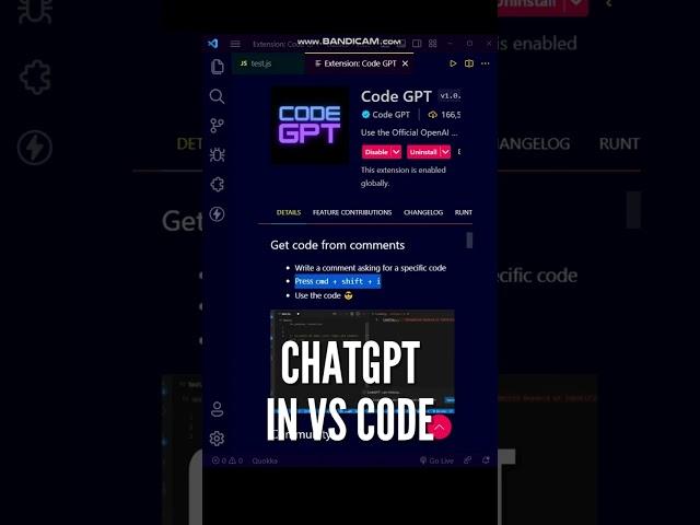  Use the official Chat GPT Open AI Extension in VS Code #shorts #javascript #vscode #programming