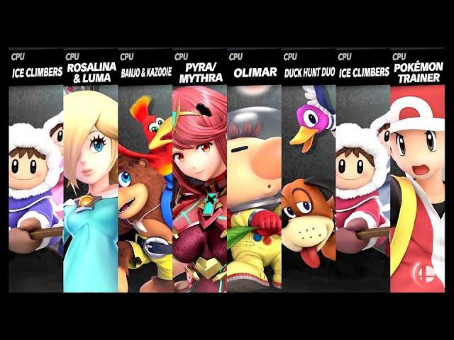 Ice Climbers VS Rosalina VS Banjo kazooie VS Pyra Mythra VS Olimar VS Duck Hunt VS Pokémon Trainer