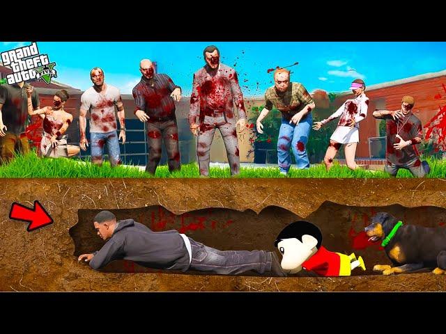 Franklin & Shin Chan & Chop Hiding Underground to Escape From Zombie Apocalypse in Gta 5 in Telugu