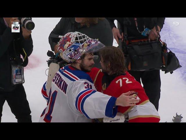 Sergei Bobrovsky shakes hands with Shesterkin and Panarin after the series (1 jun 2024)