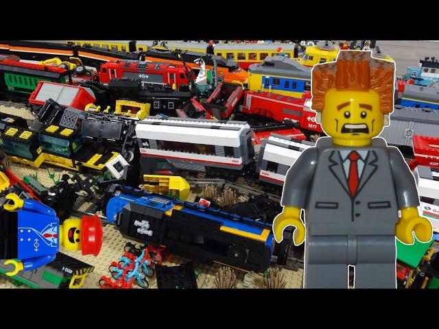 Lego train crash with 15 trains results in huge pile of Lego train wrecks!