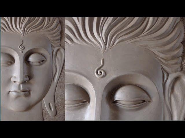 making of Buddha face mural painting with water based clay//3D wall mural painting