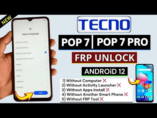 Tecno Pop 7/Pop 7 Pro FRP Bypass Android 12 Without PC | Tecno BF6/BF7  Google Account Bypass 2024