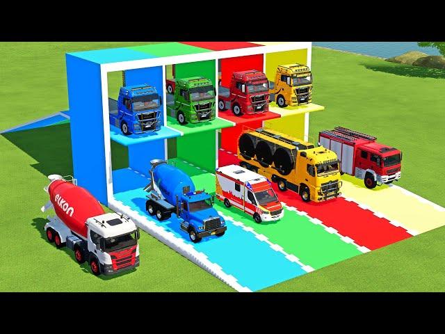 TRANSPORTING EXCAVATOR, BOX TRUCK, BULLDOZER, FIRE TRUCK TO GARAGE WITH MERCEDES TRUCK - FS22