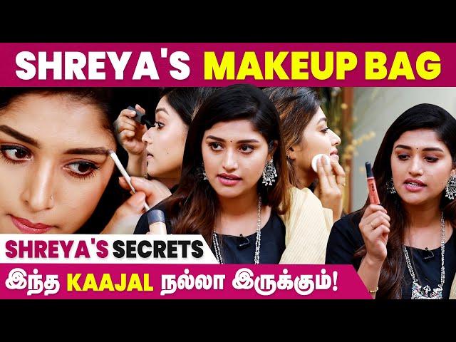 இந்த lip glouse எனக்கு ரொம்ப பிடிக்கும்! | Shreya's Make up bag explorer | Shreya Anchan Interview