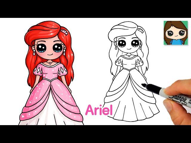 How to Draw Little Mermaid Ariel in Pink Human Princess Dress