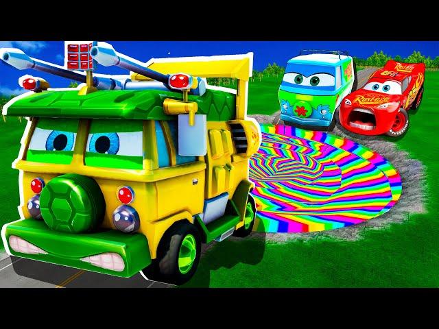 Rainbow Pit Transform In Big & Small: Lightning Mcqueen  & Mater vs  Pixar Cars! Beam.NG Drive!