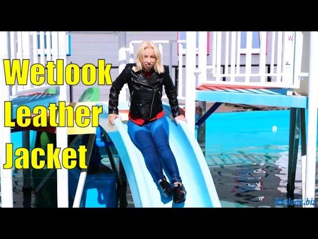 Wetlook Leather Jacket | Wet look girl in water slide | Wetlook Blond Girl