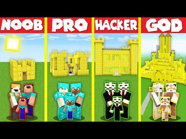 Minecraft Battle: GOLD CASTLE BASE HOUSE BUILD CHALLENGE - NOOB vs PRO vs HACKER vs GOD / Animation