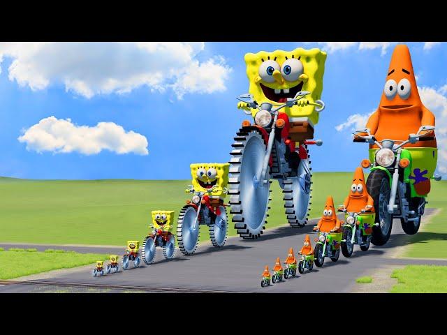 Big & Small: SpongeBob on a motorcycle with Saw wheels vs Patrick on a motorcycle vs Trains | BeamNG