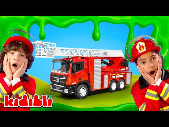 Slime Challenge : Feuerwehr-Kinder räumen auf  Aufräum-Spaß mit Feuerwehrfahrzeugen | Kidibli