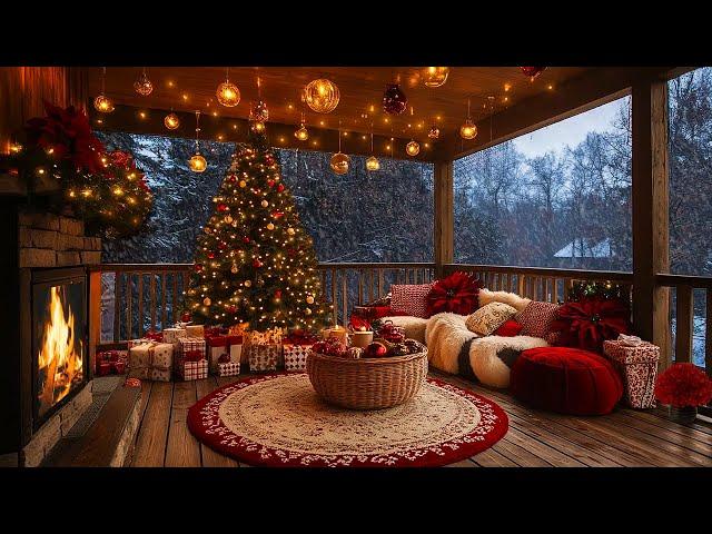 Christmas Eve on the balcony on a winter night | Crackling fireplace and peaceful snowfall ️