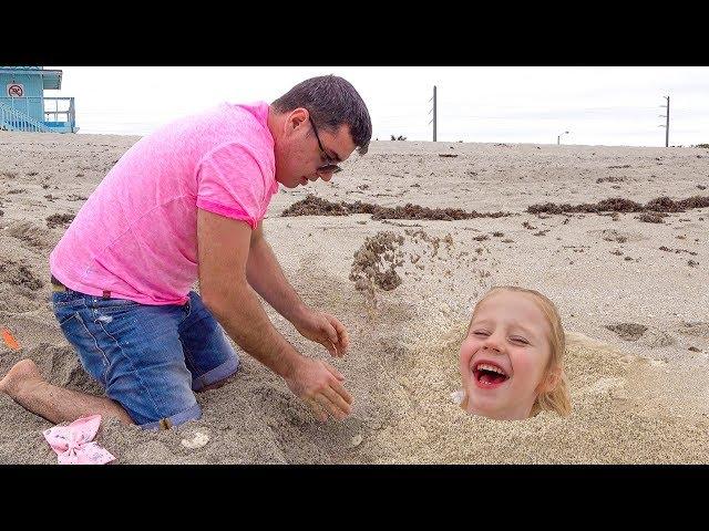 Nastya and daddy sleeping at sea