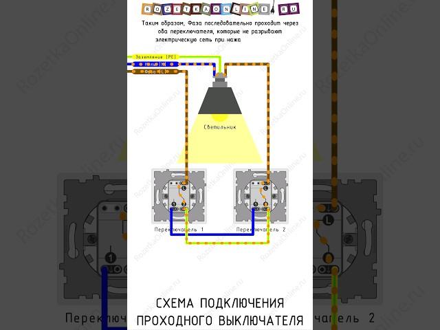  Схема подключения проходного выключателя (переключателя), для управления светом из двух мест.