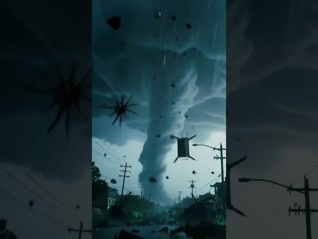 Apocalyptic storm scene with intense lightning strikes, a large funnel cloud spinning rapidly
