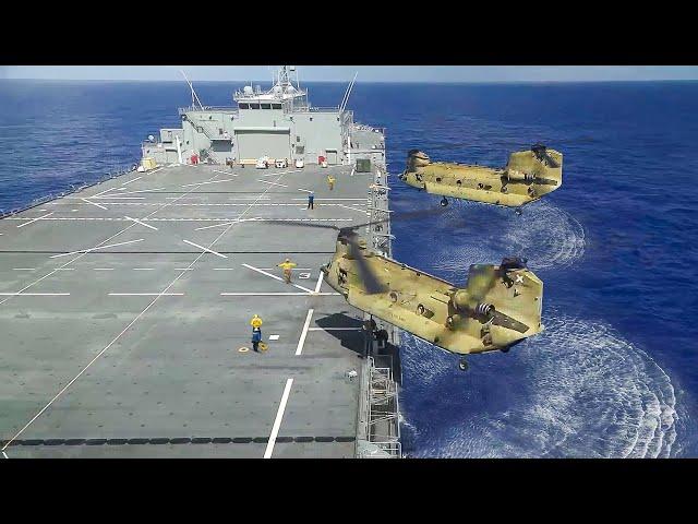 US Pilot Landing Powerful CH-47 on Massive Sea Base in Middle of the Ocean