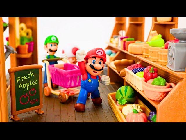 Mario Luigi and Toad Go Grocery Shopping to the Farmers Market | Making Colorful Cupcakes