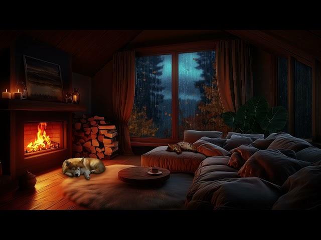 Cozy Rainy Autumn Evening – Warm Fireplace, Sleeping Pets & Gentle Rain