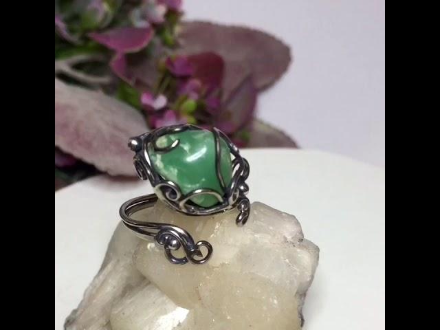 Кольцо с хризопразом 1  Wire Wrap Плетение из проволоки