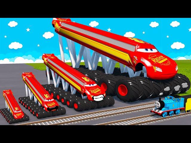 Big & Small, Long & Tall Lightning Mcqueen with Monster Truck Wheels vs Trains | BeamNG.Drive