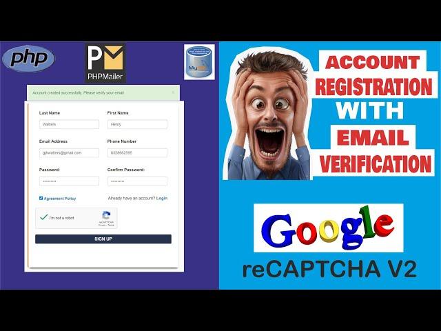 User registration form with email verification and google reCAPTCHA V2 in php