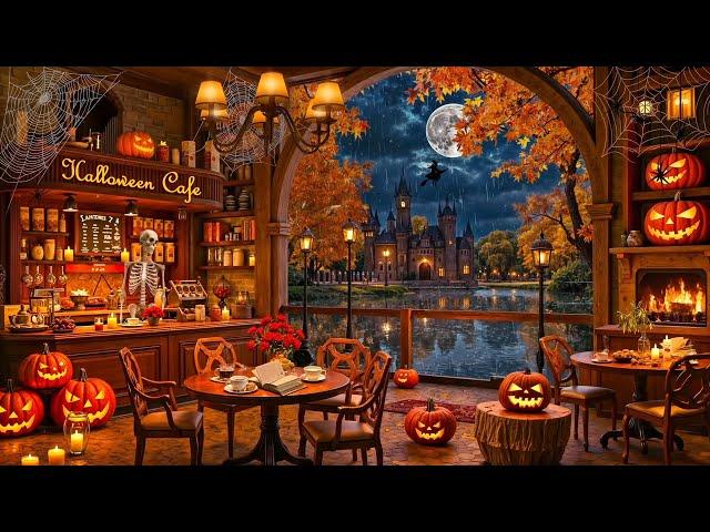 Spooky Night at Cozy Cafe Halloween Ambience  Relaxing Jazz Music with Rain & Thunderstorm Sounds