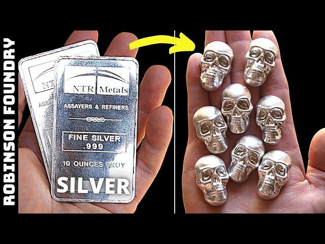 Melting pure silver │ Casting fine silver skulls │ .999 silver bullion │ Metal casting │ ASMR