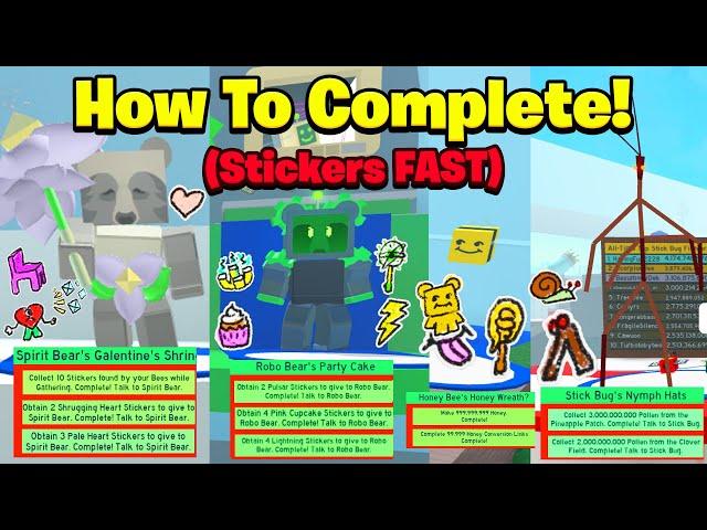 How To Complete Spirit Bear, Robo Bear, Stick Bug, Honey Bees Sticker BEESMAS QUESTS (Bee Swarm Sim)