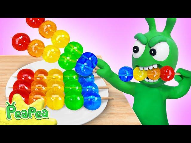 PeaPea Challenge Eating Rainbow Jelly - Funny Cartoon for Kids