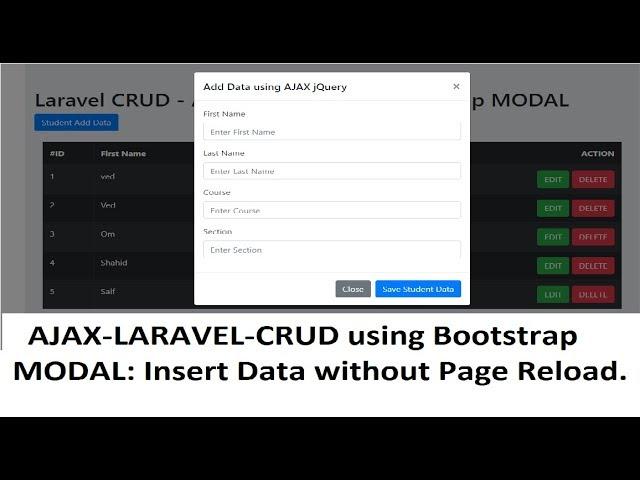 AJAX CRUD - Laravel: Insert Data without Page Reload using AJAX jQuery with Bootstrap Modal