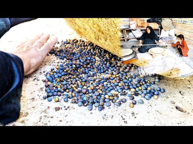 Grandma baking local bread for the shopkeeper's house and making food with mountain pistachios