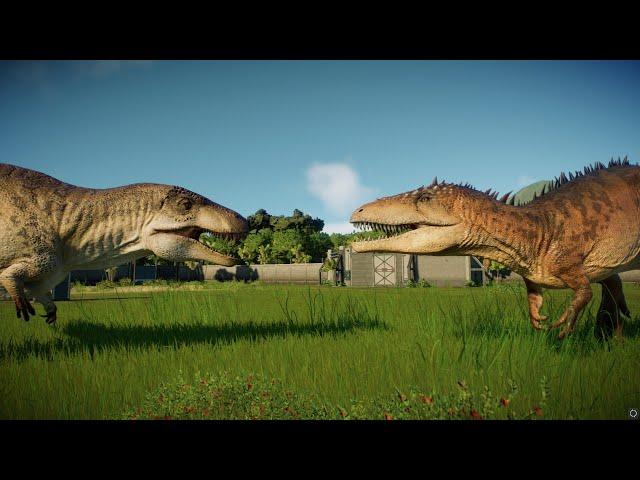 Jurassic World Evolution 2 бои динозавров-кархарадонтозавр VS акроантозавр
