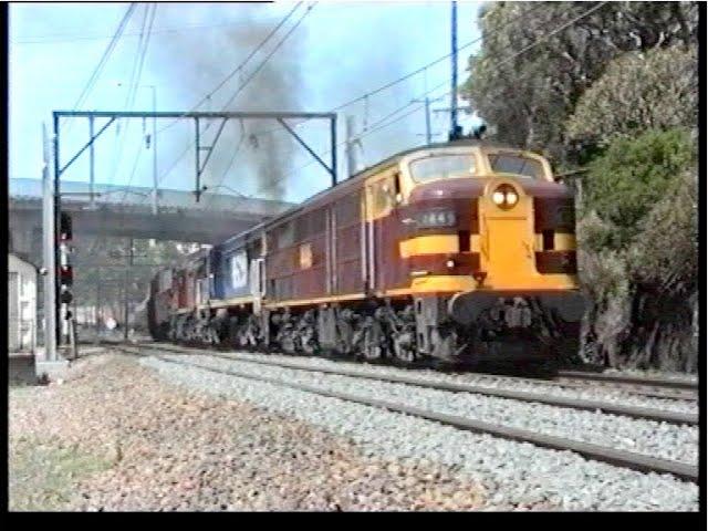 Australian Alco diesel locomotives, including streamlined 44 class - Cowan bank - late 1993