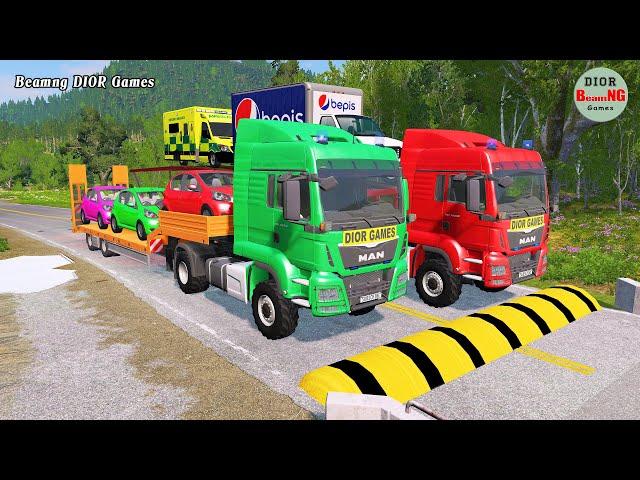 Double Flatbed Trailer Truck vs Train Tractor vs Train cars vs rails beamng dior games 613