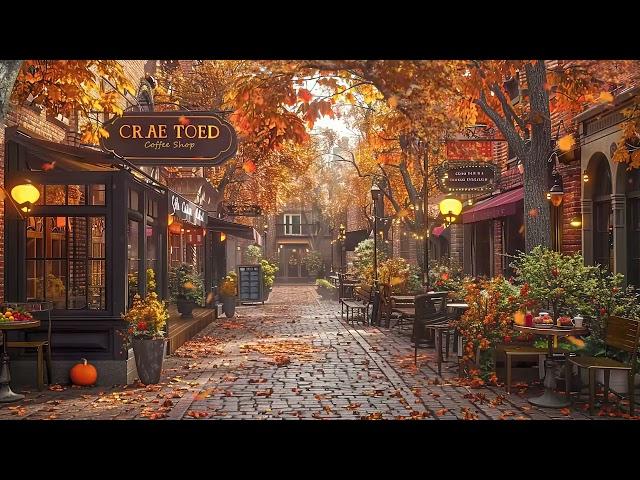 Autumn Morning Jazz with Falling Maple Leaves - Soft Jazz at Outdoor Coffee Shop Ambience