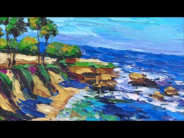 La Jolla Cove painting process | How I draw Ocean waves with palette knife 