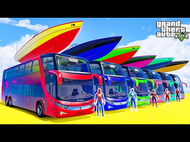 Homem-Aranha e Ônibus! Team Spiderman and Team Power Rangers w/ Boats on Buses Challenge Obstacles