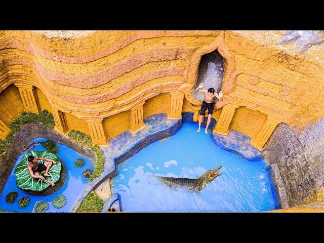 100 Days Build Swimming Pool Water Slide Crocodile Around Underground House - Primitive Survival