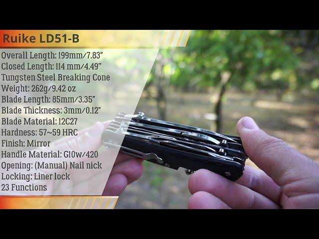 Ruike LD51-B Multitool 12C27 Stainless Steel - 23 Accessories - G10 Handle - Tungsten Glass Breaker