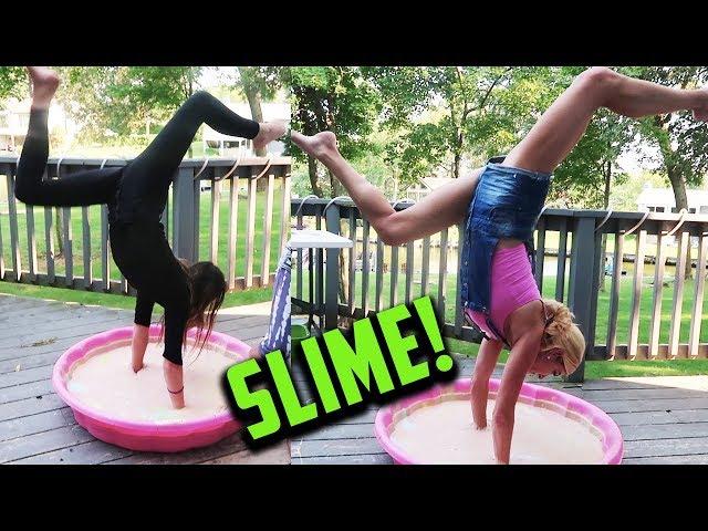 REBECCA AND ANNIE DO HANDSTANDS IN GIANT SLIME! (DAY 248) GYMNASTICS CHALLENGE IRL