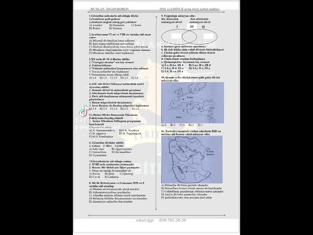 DİM II blok qəbul imtahanı tarix sualları 2021-ci  il.